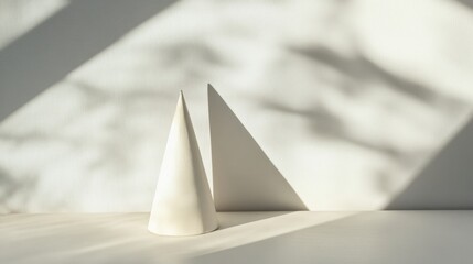 Wall Mural - Cone Shape Casting Shadows on White Canvas Surface in Minimalist Art Composition