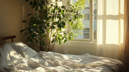 Wall Mural - Tranquil Bedroom Setting Featuring Lush Green Plant and Soft Natural Illumination