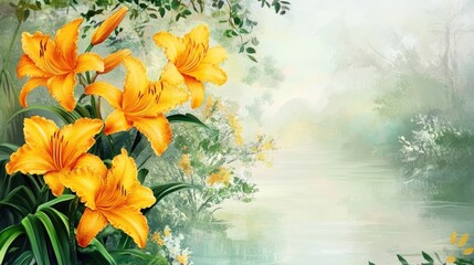 Poster - Stunning Yellow Daylilies in Bloom Against a Tranquil Misty Background with Reflective Water Surface and Soft Greenery