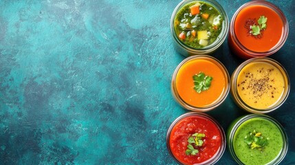 Aufkleber - Assorted vegetable soups in mason jars on turquoise surface healthy food concept vibrant colors top view with empty space for text