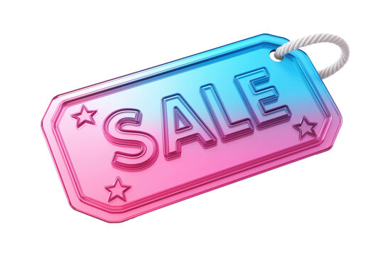 Pink blue gradient SALE tag with stars transparent image. Embossed text, retail promotion isolated cutout 3d render. Vibrant marketing signage cut out clipart design element