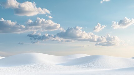 Poster - Serene white sand dunes under a vast blue sky with soft clouds creating a tranquil desert landscape perfect for relaxation and exploration