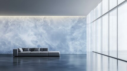 Poster - Spacious modern living room featuring a satin sofa against a patterned blue wall and panoramic windows enhancing the interior design aesthetic.