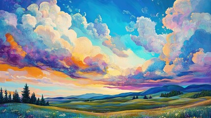 Aufkleber - Vibrant Summer Landscape with Colorful Clouds and Sunlit Skies in a Serene Dreamy Atmosphere