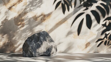 Poster - Abstract Rocky Composition with Soft Plant Shadows on Textured Background