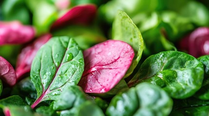 Poster - Close up of vibrant pink salad leaves surrounded by lush green foliage for fresh culinary presentation or healthy lifestyle concepts
