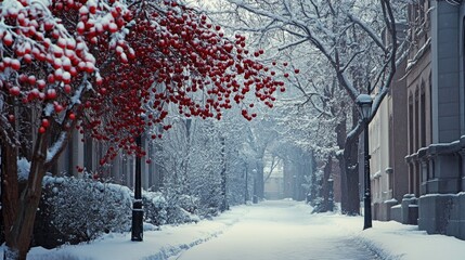 Aufkleber - Rowan berries dusted with snow on a tranquil winter street showcasing vibrant red amid a serene white landscape