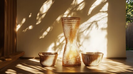 Aufkleber - Woven rattan furniture displayed on a sleek pedestal illuminated by sunlight creating a serene and inviting interior ambiance