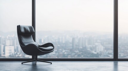 Aufkleber - Minimalistic living room design showcasing a stylish leather armchair beside expansive floor-to-ceiling windows with city skyline views