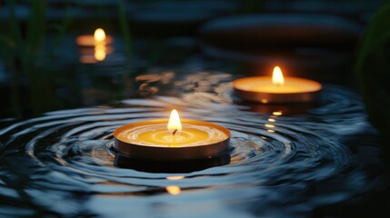 Aufkleber - Serene floating candles surrounded by gentle water ripples creating a tranquil and peaceful atmosphere for relaxation and mindfulness