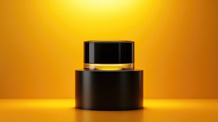 Aufkleber - Sleek jar product display with elegant black design on vibrant yellow gradient background for beauty or skincare branding.