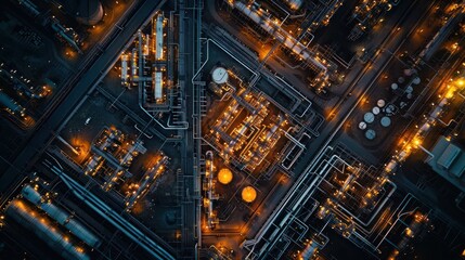 Poster - Aerial view of an industrial complex at night illuminated by glowing lights and pipelines