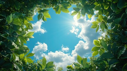 Poster - Nature framed by lush green leaves with a bright blue sky and fluffy clouds creates a serene summer background perfect for outdoor themes.