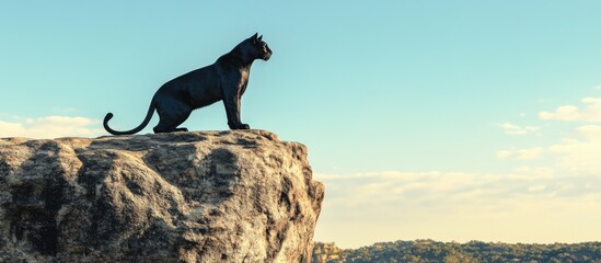 Poster - Majestic black panther perched on rocky outcrop gazing into distance with empty copyspace for text showcasing its natural habitat and focus