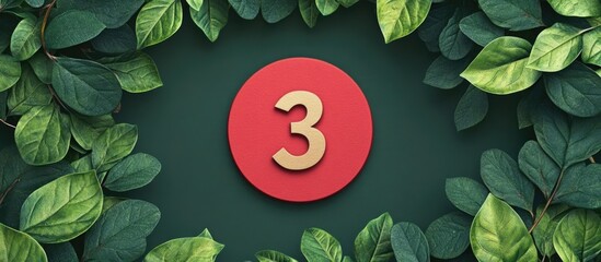 Poster - Red circle with number 3 framed by lush green leaves against a dark background with space for text or branding elements