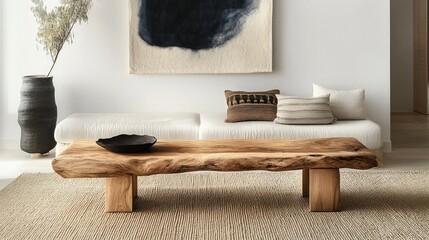 Aufkleber - Contemporary Living Room Featuring Natural Wood Bench and Artistic Wall Decor