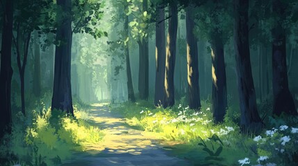 Aufkleber - Serene forest landscape with sunlight filtering through tall trees illuminating a peaceful path edged with wildflowers
