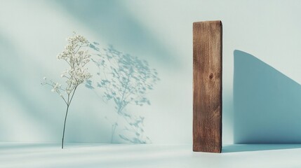 Poster - Rustic wooden plank with delicate floral accent creating soft shadows on light blue backdrop for romantic and serene compositions