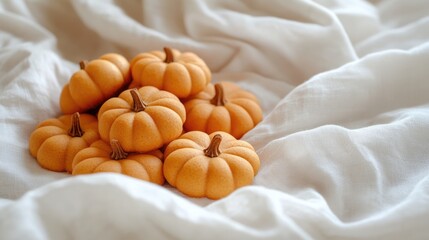 Aufkleber - Delightful pumpkin-shaped cookies arranged on a white textile background perfect for autumn holiday baking and festive desserts.