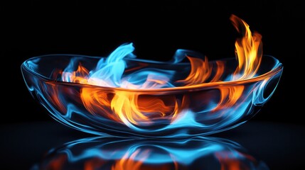 Aufkleber - Futuristic glass bowl with swirling vibrant blue and orange flames on a sleek digital surface in a dark ambiance