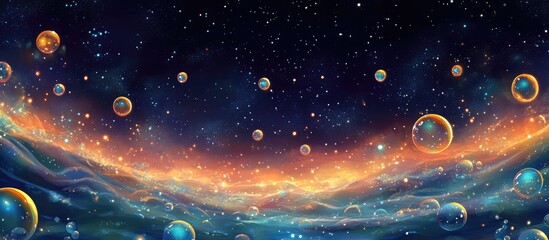 Poster - Vibrant cosmic bubbles on a dark starry background with ample space for text in a colorful and enchanting celestial scene