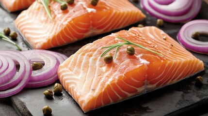 Aufkleber - Fresh Salmon Steaks Garnished with Red Onions and Capers on a Dark Slate Surface