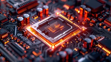 Poster - Close-up view of a glowing microchip on a circuit board, showcasing intricate electronic components