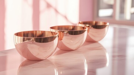 Poster - Rose gold minimalist bowls on a pastel table exuding contemporary elegance and sophistication in a serene indoor setting.