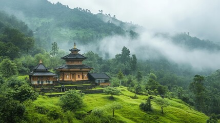 Aufkleber - Tranquil temple surrounded by dense green mountains and misty landscape in a serene rural setting.