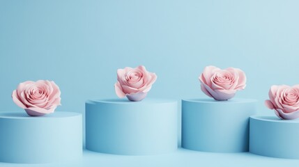 Aufkleber - Roses displayed on pastel blue heart-shaped podiums for a minimalist Valentineâ€™s Day decoration theme