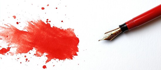 Poster - Red ink blot from a fountain pen on white paper with space for creative text or artistic design background.