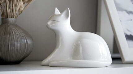 Poster - Ceramic cat figurine elegantly displayed on a shelf next to a decorative vase and framed artwork in a stylish home interior setting