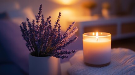 Aufkleber - Lavender candle illuminating a serene nightstand with fresh lavender for a relaxing atmosphere in a cozy bedroom setting