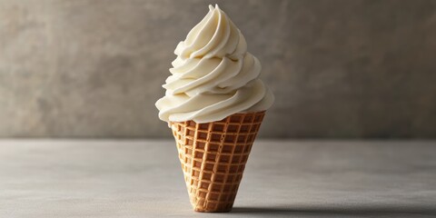 Poster - Elegant vanilla ice cream cone with creamy swirl on crispy waffle against a clean background perfect for dessert advertising and promotional use