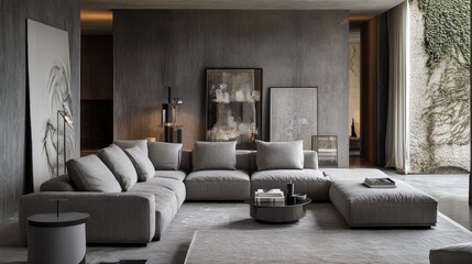 Aufkleber - Contemporary Living Room Featuring Gray Sofa and Cozy Cushions with Minimalist Decor and Natural Light