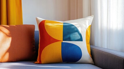 Aufkleber - Scandinavian Style Decorative Cushion with Bold Colors and Graphic Shapes Ideal for Modern Interior Design and Home Decor