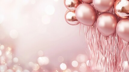 Poster - Rose gold balloons with pink fringe against a soft pastel background creating an elegant festive atmosphere for celebrations.