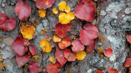 Poster - Macro shot of vibrant autumn leaves in red and yellow hues on an aged tree trunk textured with moss and blurred natural backdrop.