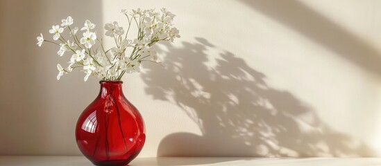 Poster - Red glass vase with delicate white flowers casting shadows on a light wall with ample space for text or branding elements.