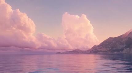 Aufkleber - Tranquil coastal view featuring soft pink clouds reflecting on calm sea waters during sunset