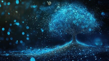 Aufkleber - Glowing Blue Abstract Tree with Sparkling Particles on Dark Background