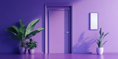 Aufkleber - Elegant lavender corridor interior with minimalist design plants and door mirror frame in dark pastel tones featuring empty space for text