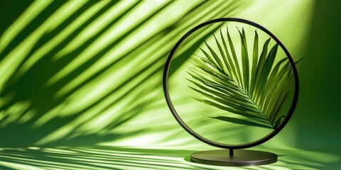 Aufkleber - Empty circular display stand with palm leaf shadow on vibrant green backdrop for showcasing products or text in summer aesthetic