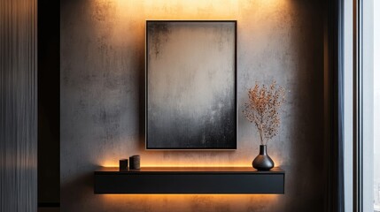 Aufkleber - Minimalist console table with ambient lighting and modern wall art in a stylish cozy entryway setting