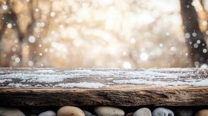 Aufkleber - Winter Forest Texture Background Featuring Snowy Driftwood and Pebbles with Blurred Natural Setting for Empty Text Space and Seasonal Themes