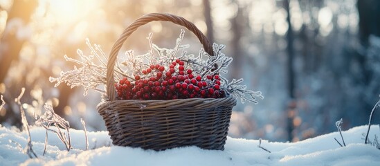 Poster - Winter basket filled with berries and twigs in a snow-covered forest on a bright sunny day with empty space for text or design elements