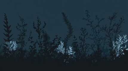 Poster - Silhouette of aquatic plants illuminated in the dark depths creating an ethereal underwater atmosphere