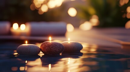 Poster - Tranquil spa setting featuring floating candles and colorful stones reflecting in calm water for a relaxing atmosphere