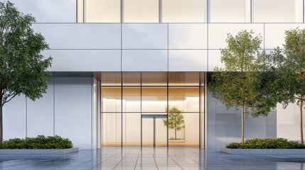 Poster - Contemporary modern white building exterior emphasizing elegance and sophistication with glass entrance and landscaped surroundings.