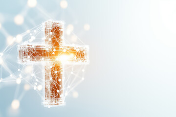 Poster - A digital representation of a medical cross blends with subtle data lines against a neutral background. The soft light highlights the health tech symbol, reflecting modern advancements